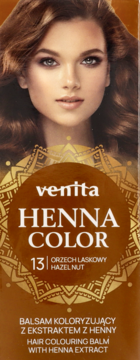 Opakowanie balsamu Venita Henna Color, odcień 13 Orzech Laskowy, z wizerunkiem kobiety, złote wzory.