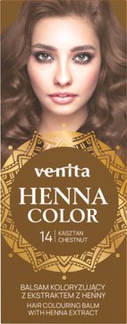 Venita Henna Color, kasztanowy balsam koloryzujący z henną, z modelką. Opakowanie brązowe, złote detale.