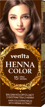 Brązowy balsam koloryzujący Venita Henna Color 15, z przodu opakowania kobieta z długimi brązowymi włosami.