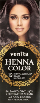 Opakowanie Venita Henna Color, balsam koloryzujący do włosów, odcień 19 Black Chocolate, widok z przodu.