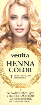 Balsam Venita Henna Color Sunny Blond, opakowanie z blondynką, z przodu, koloryzujący z henną.