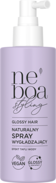 Fioletowy spray Neboa Glossy Hair do włosów, naturalny wygładzający z efektem tafli, widok z przodu.