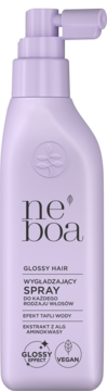 Jasnofioletowy spray wygładzający Neboa Glossy Hair z pompką, z napisem GLOSSY EFFECT i VEGAN.