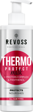 Mleczko Revoss Thermo Protect milk do włosów w białej butelce z pompką, widok z przodu. Chroni i odżywia.