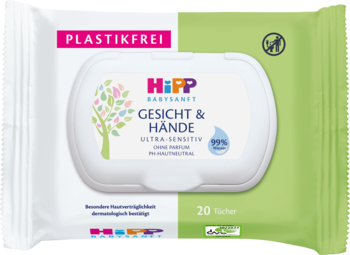 Chusteczki HiPP Babysanft Gesucht & Hände Ultra Sensitive w biało-zielonym opakowaniu, z klapką, widok z przodu, PLASTIKFREI.