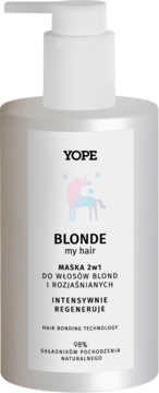 Yope Blonde my hair odżywka-maska 2w1 do włosów blond w jasnej butelce z pompką i jednorożcem.