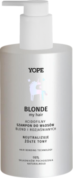 Yope Blonde My Hair szampon do włosów blond, srebrna butelka z jednorożcem, neutralizuje żółte tony, przód.