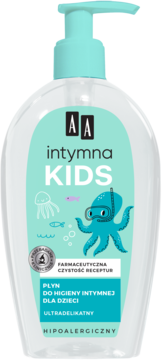 Płyn do higieny intymnej AA Intymna KIDS, ultradelikatny, w butelce z turkusową etykietą i rysunkami.