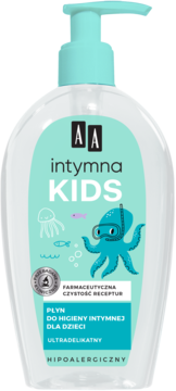 Płyn do higieny intymnej AA Intymna KIDS, ultradelikatny, w butelce z turkusową etykietą i rysunkami.