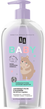 AA Baby płyn do mycia i kąpieli, fioletowa butelka z pompką, widok z przodu, rysunek misia. Hipoalergiczny.