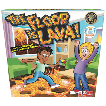 Opakowanie gry planszowej The Floor is Lava!, z dynamiczną ilustracją dzieci skaczących nad lawą w salonie. Widok z przodu.