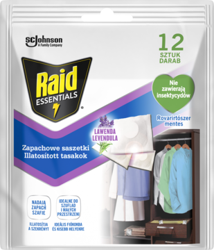 Biała torebka Raid Essentials z lawendowymi saszetkami zapachowymi do szaf, widok z przodu, bez insektycydów.
