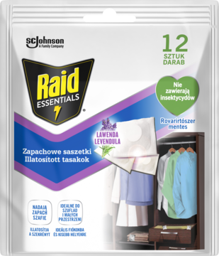 Biała torebka Raid Essentials z lawendowymi saszetkami zapachowymi do szaf, widok z przodu, bez insektycydów.