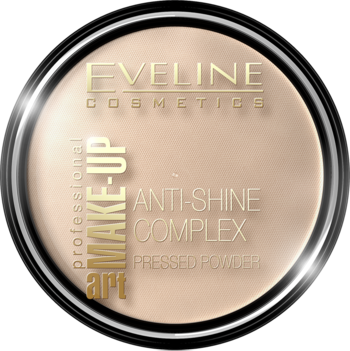 Eveline Make-Up Art matujący puder prasowany w beżowym kompakcie, widok z góry, z napisem Anti-Shine.