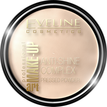 Eveline Art Make-Up matujący puder prasowany Anti-Shine, jasny beż w czarnej puderniczce, widok z góry.