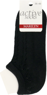 Czarna, ażurowa skarpetka Marilyn Active Socks na stopce manekina, z widoczną metką i rozmiarem 36-40.