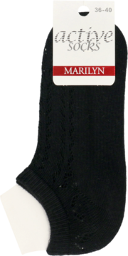 Czarna, ażurowa skarpetka Marilyn Active Socks na stopce manekina, z widoczną metką i rozmiarem 36-40.