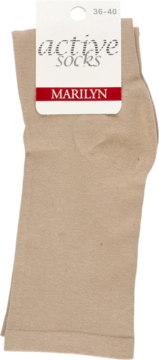 Beżowe skarpety Marilyn Active Socks rozmiar 36-40 na białej tekturowej zawieszce, widok z przodu.