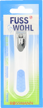 Fuss Wohl obcinacz do paznokci u stóp, biało-niebieski, chromowany, w blistrze, z ergonomiczną rączką.