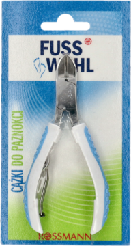 Cążki do paznokci Fusswohl w srebrno-niebieskim kolorze, zapakowane w blister z napisem "Cążki do paznokci" Rossmann.