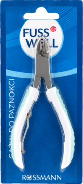 Fuss Well cążki do paznokci, metalowe z białymi, antypoślizgowymi rączkami, w opakowaniu Rossmann, przód.