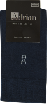 Pionowy widok granatowych skarpetek męskich Adrian z biało-czarną metką i rozmiarem 39-42. Widoczne logo.