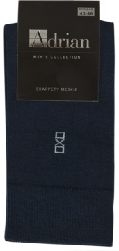 Ciemnogranatowe męskie skarpety Adrian z metką, rozmiar 43-46, widok z przodu, z białym logo OXO.