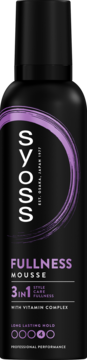 Czarna butelka SYOSS FULLNESS MOUSSE 3w1, widok z przodu. Fioletowe logo, utrwalenie poziom 4, stylizacja.
