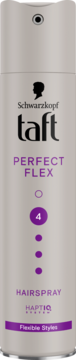 Szary lakier Schwarzkopf Taft Perfect Flex, utrwalenie 4, HAPTIQ system, widok z przodu, fioletowe napisy.