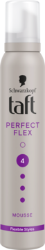 Szary pojemnik Schwarzkopf Taft Perfect Flex Mousse, z białym wieczkiem i fioletowymi napisami, utrwalenie 4, widok z przodu.