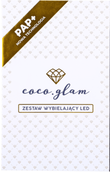 Coco.glam Zestaw wybielający LED, białe pudełko w serca, złota wstążka PAP+, widok z przodu.