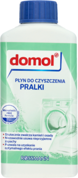 Biała butelka płynu domol do czyszczenia pralek z niebieską nakrętką, widok z przodu. Usuwa kamień i zapachy.