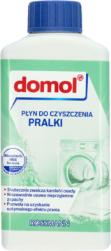 Biała butelka płynu domol do czyszczenia pralek z niebieską nakrętką, widok z przodu. Usuwa kamień i zapachy.