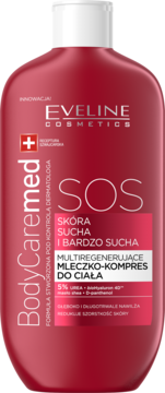 Czerwona butelka Eveline BodyCaremed SOS mleczko-kompres do bardzo suchej skóry, 5% Urea, widok z przodu.