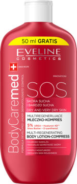 Eveline BodyCaremed+ SOS mleczko-kompres, czerwona butelka, 5% Urea, do suchej skóry, widok z przodu.