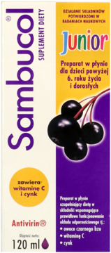 Biało-fioletowe opakowanie Sambucol Junior, płynnego suplementu z czarnym bzem, witaminą C i cynkiem.
