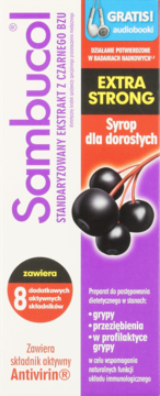 Opakowanie Sambucol Extra Strong, syropu dla dorosłych z czarnym bzem i Antivirinem, na odporność.