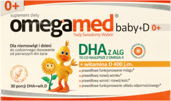 OMEGAMED baby+D ,krople w kapsułce twist-off, DHA z alg + witamina D, 0+, suplement diety,przód