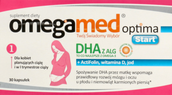 Różowo-białe opakowanie Omegamed Optima Start z DHA z alg i ActiFolin, dla kobiet w ciąży, widok z przodu.