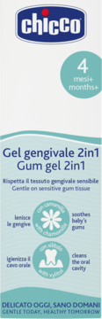 Chicco 2in1 żel na dziąsła dla niemowląt od 4. miesiąca, biało-niebieskie opakowanie, widok z przodu.