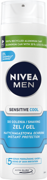 Biała puszka Nivea Men Sensitive Cool Żel do Golenia, 0% ALCOHOL, z niebieskimi detalami, widok z przodu.