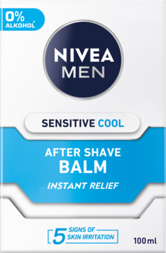 Biało-niebieskie opakowanie NIVEA MEN Sensitive Cool After Shave Balm 100 ml, 0% alkohol, widok z przodu.