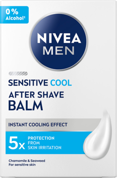 NIVEA MEN Sensitive Cool balsam po goleniu 0% alkoholu. Biało-niebieskie opakowanie z rumiankiem i algami.