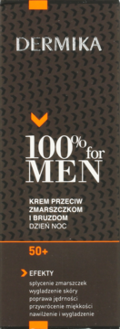 Ciemne, prostokątne opakowanie kremu Dermika 100% For Men 50+ przeciw zmarszczkom, widok z przodu.