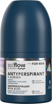 Granatowy antyperspirant so!flow For Men roll-on z aloesem, zapach grejpfruta i sandałowca, widok z przodu.