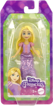 Lalka Roszpunka Disney Princess Mattel w przezroczystym opakowaniu, fioletowa suknia, blond włosy.