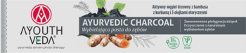 AYOUTH VEDA Ayurvedic Charcoal wybielająca pasta do zębów, szare opakowanie z węglem i kurkumą, widok z przodu.