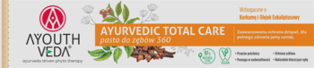 Opakowanie Ayurvedic Total Care 360, naturalna pasta do zębów z ziołami, z logo Ayouth Veda i grafiką roślin.