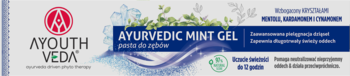 Biało-niebieskie opakowanie Ayouth Veda Ayurvedic Mint Gel, pasta do zębów z miętą, kardamonem i cynamonem, widok z przodu.