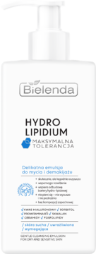 Bielenda Hydro Lipidum emulsja do mycia i demakijażu, biała butelka z pompką, widok z przodu.